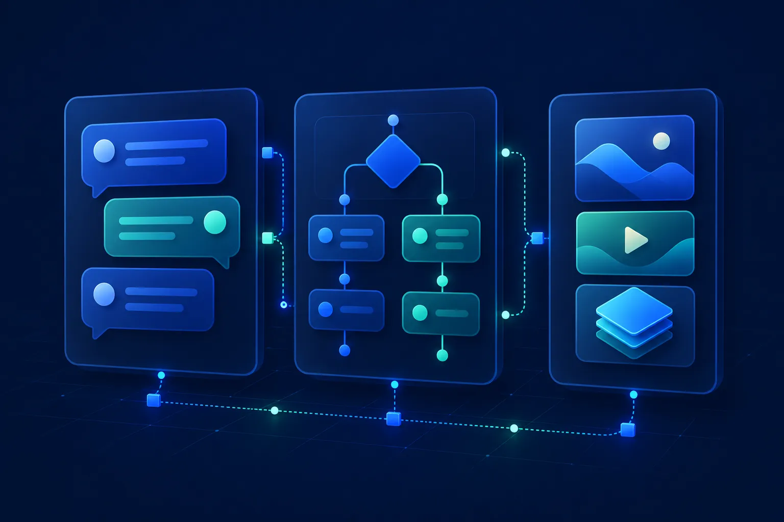 Three connected panels represent conversation, automation rules and creative workflows on a dark navy background.