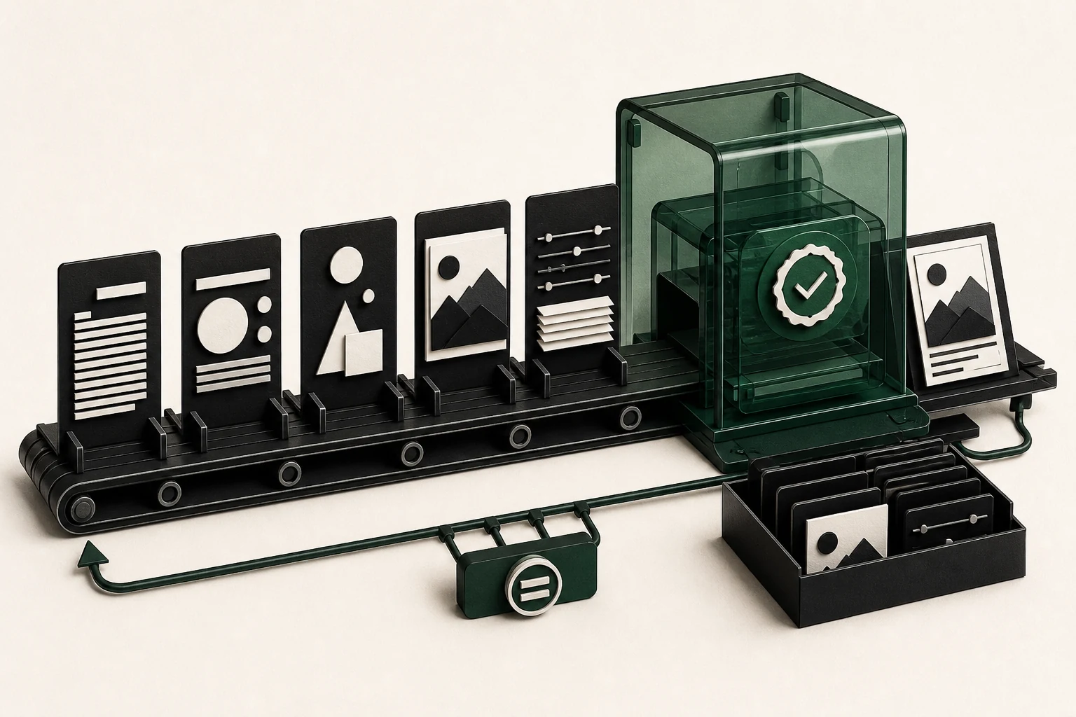 Five creative tiles on a belt entering a green glass render box, with a checked output frame.