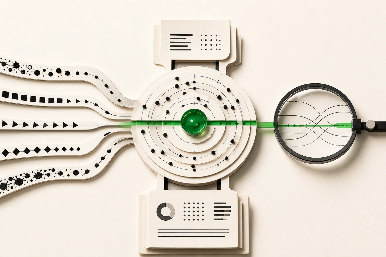 Event paths entering a circular property disc with a green centre bead and a lens reading the outgoing signal.
