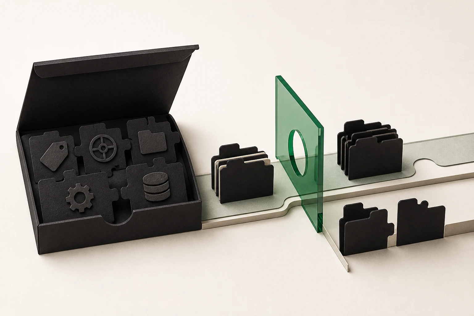 An open box of tag tiles feeding folder stacks through a green glass plate with a circular pass hole.