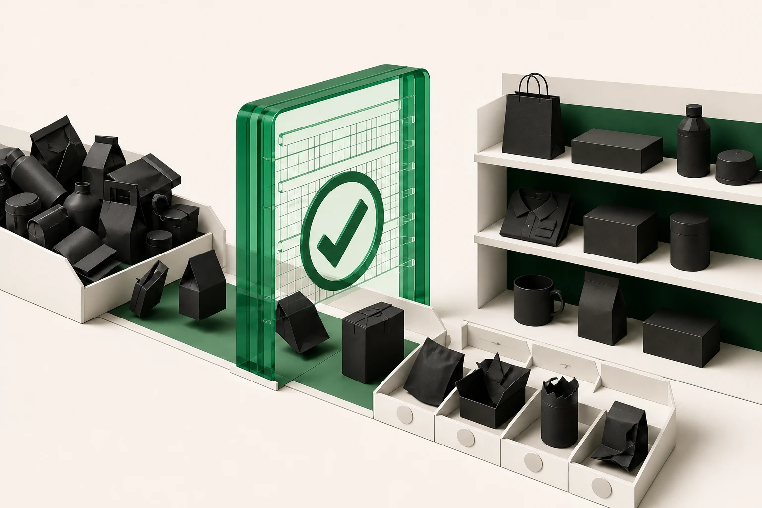 A bin of product forms passing a green glass check gate onto a shelf, with rejected items sitting in trays.