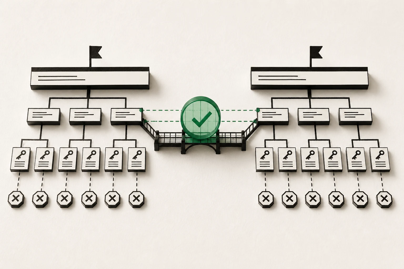 Two campaign trees of keyword cards joined by a green checked bridge, with stop signs under unused keys.