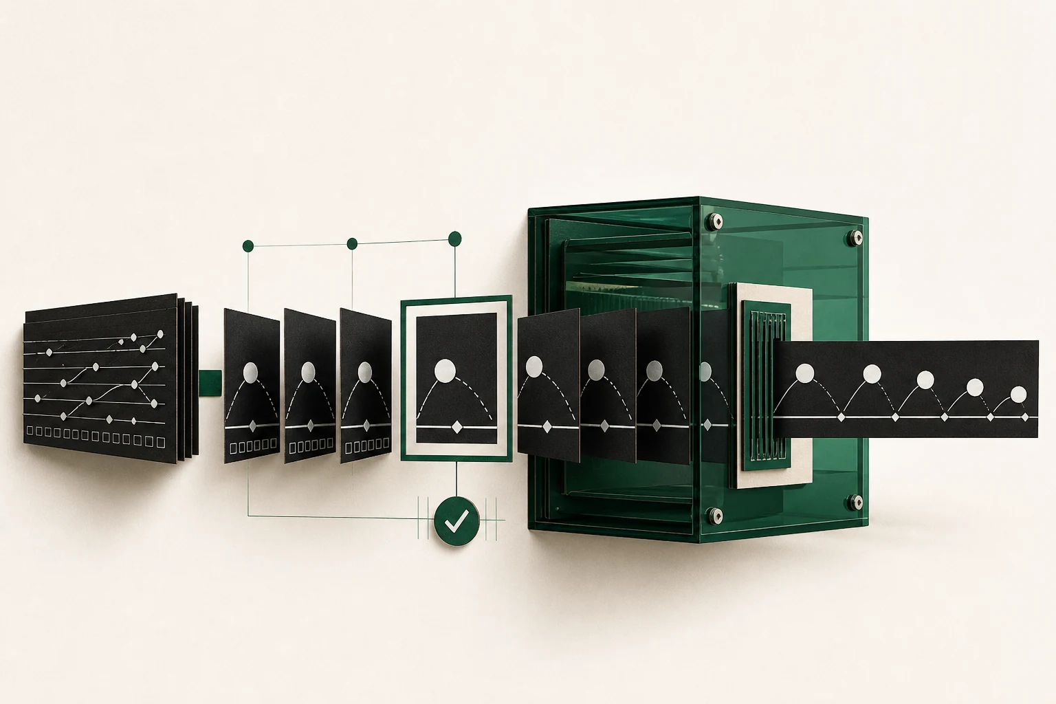 Keyframe cards with arc marks entering a green glass compile box and leaving as a continuous strip.