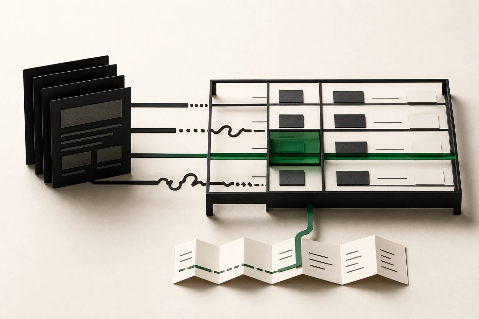 A stack of page cards wired into a grid frame with a green highlighted cell and a folded report below.