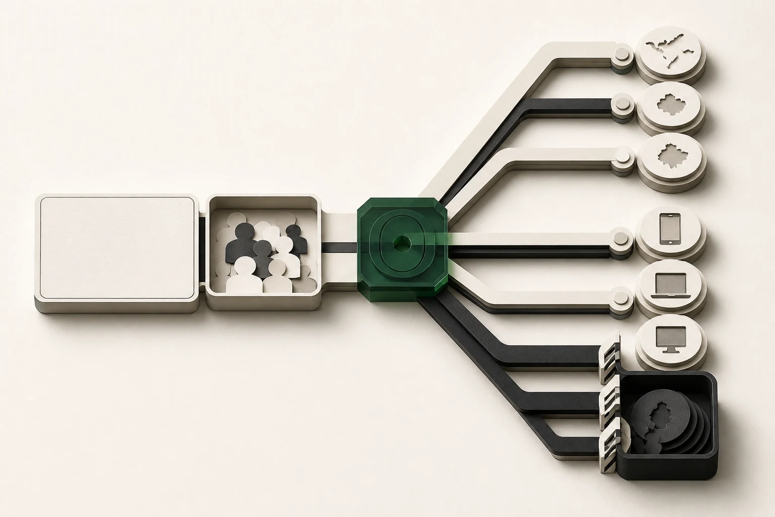 A post card and audience box passing a green octagonal gate into device and placement branches.