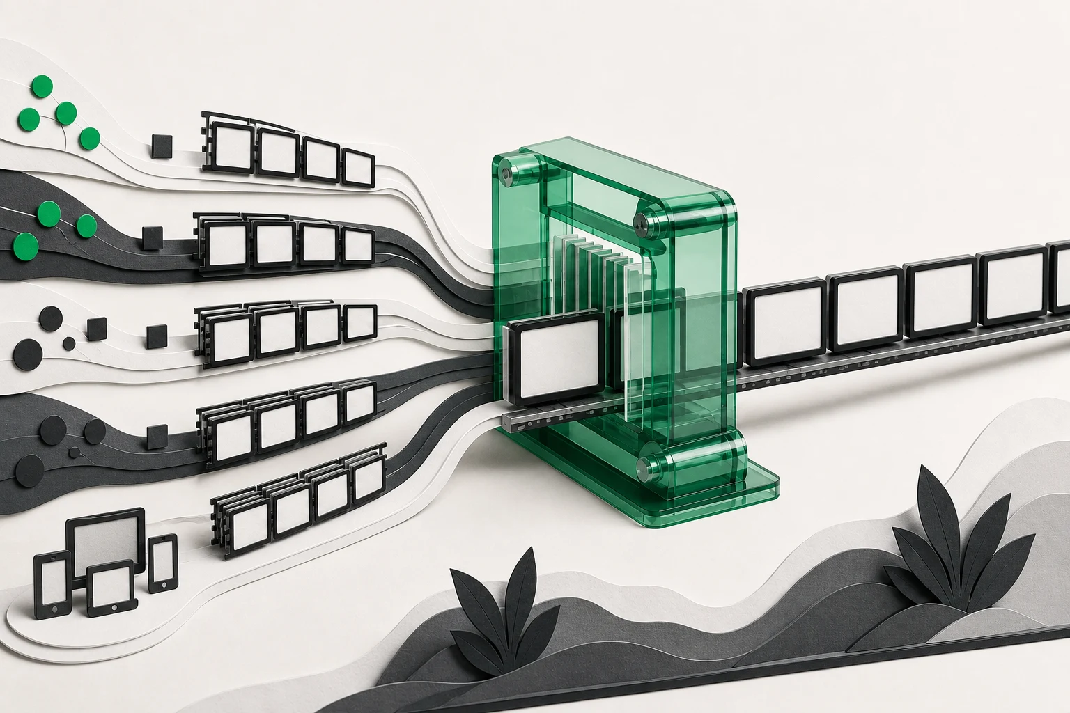 Several traffic lanes of video tiles entering a green glass gate and leaving as a single published row.