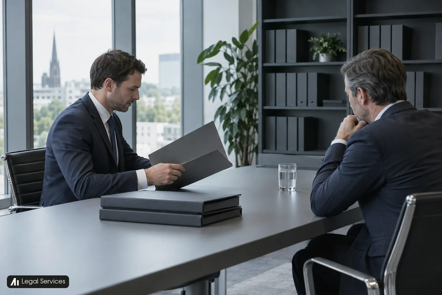 Two lawyers discuss a plain folder across a conference table.