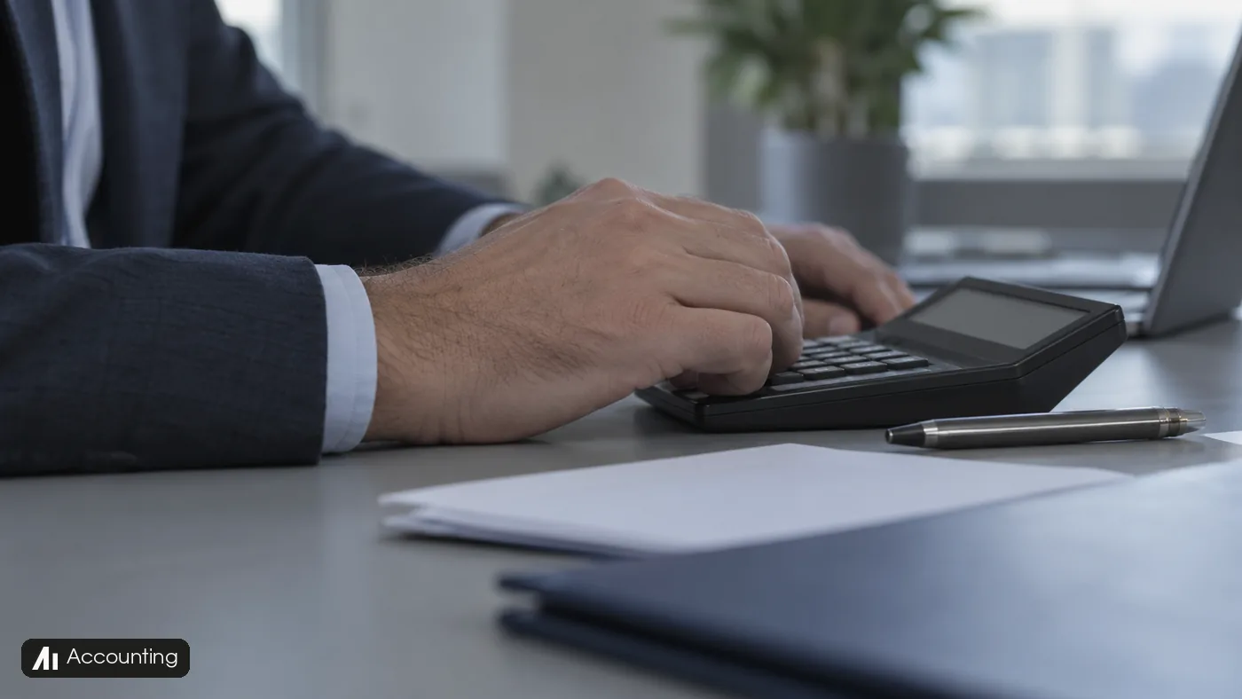 An accountant uses a black calculator beside plain papers and a steel pen.