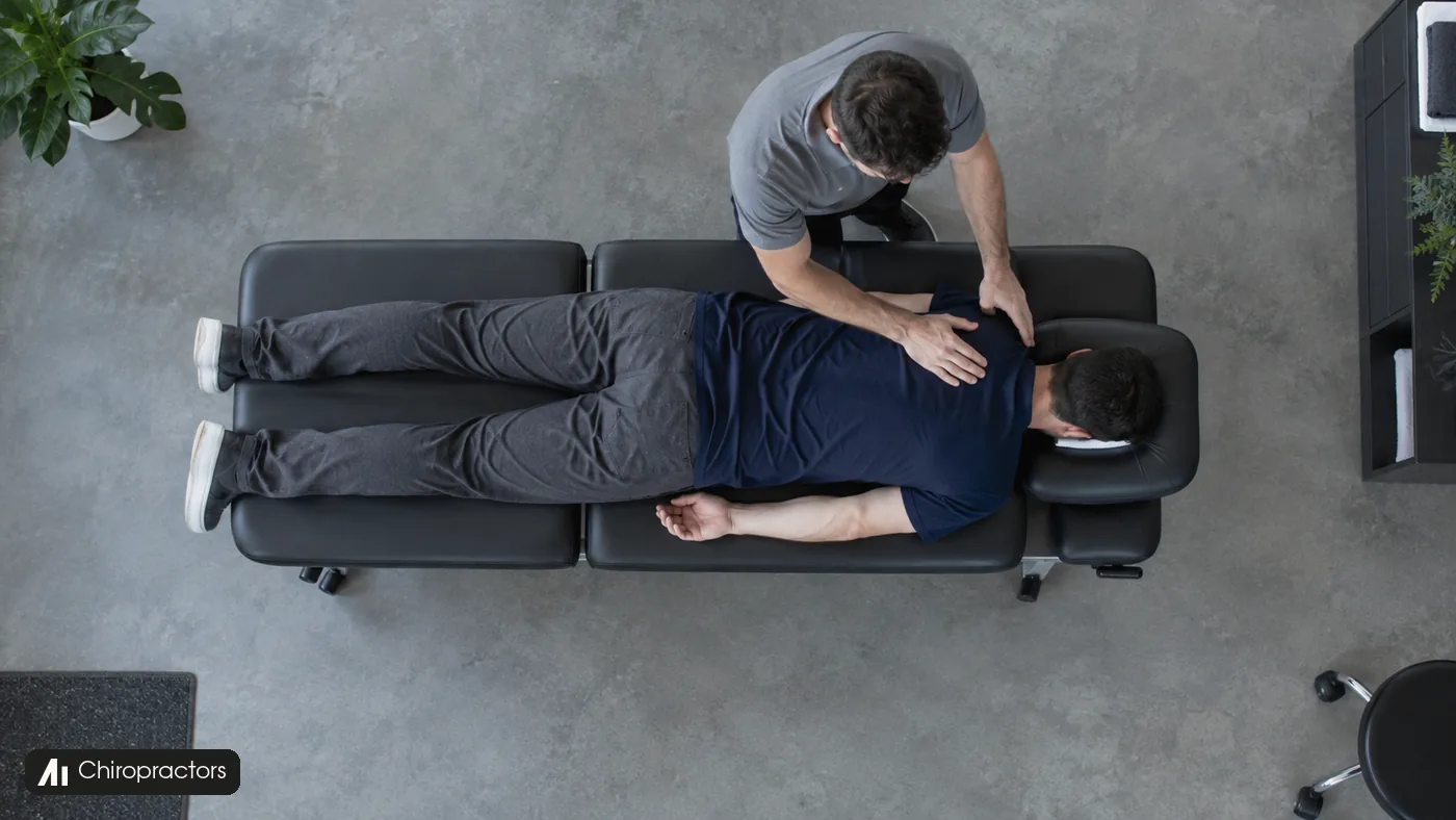 An overhead view shows a chiropractor checking a clothed patient on a treatment table.