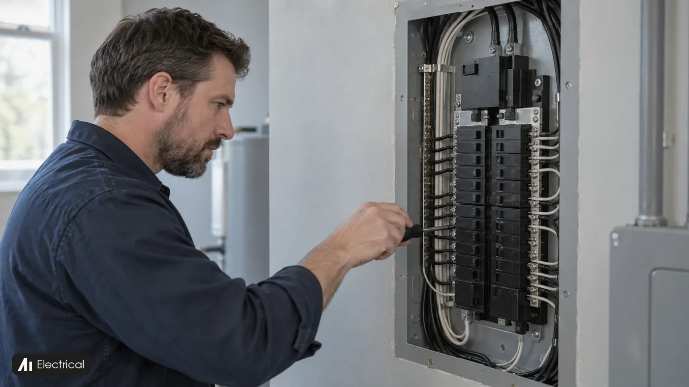An electrician in navy workwear uses a screwdriver at an open home breaker panel with exposed wiring.
