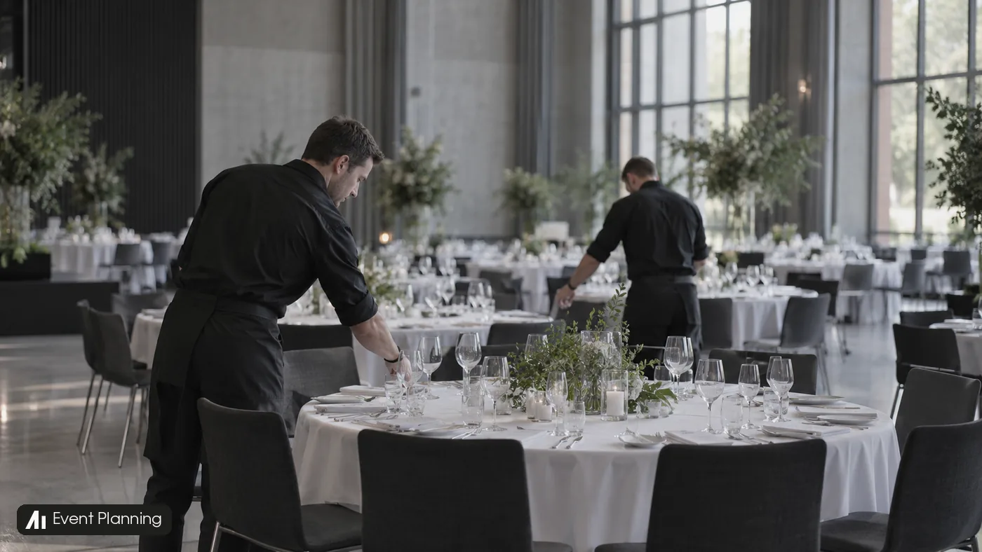 Two men arrange white table settings in a quiet event hall.