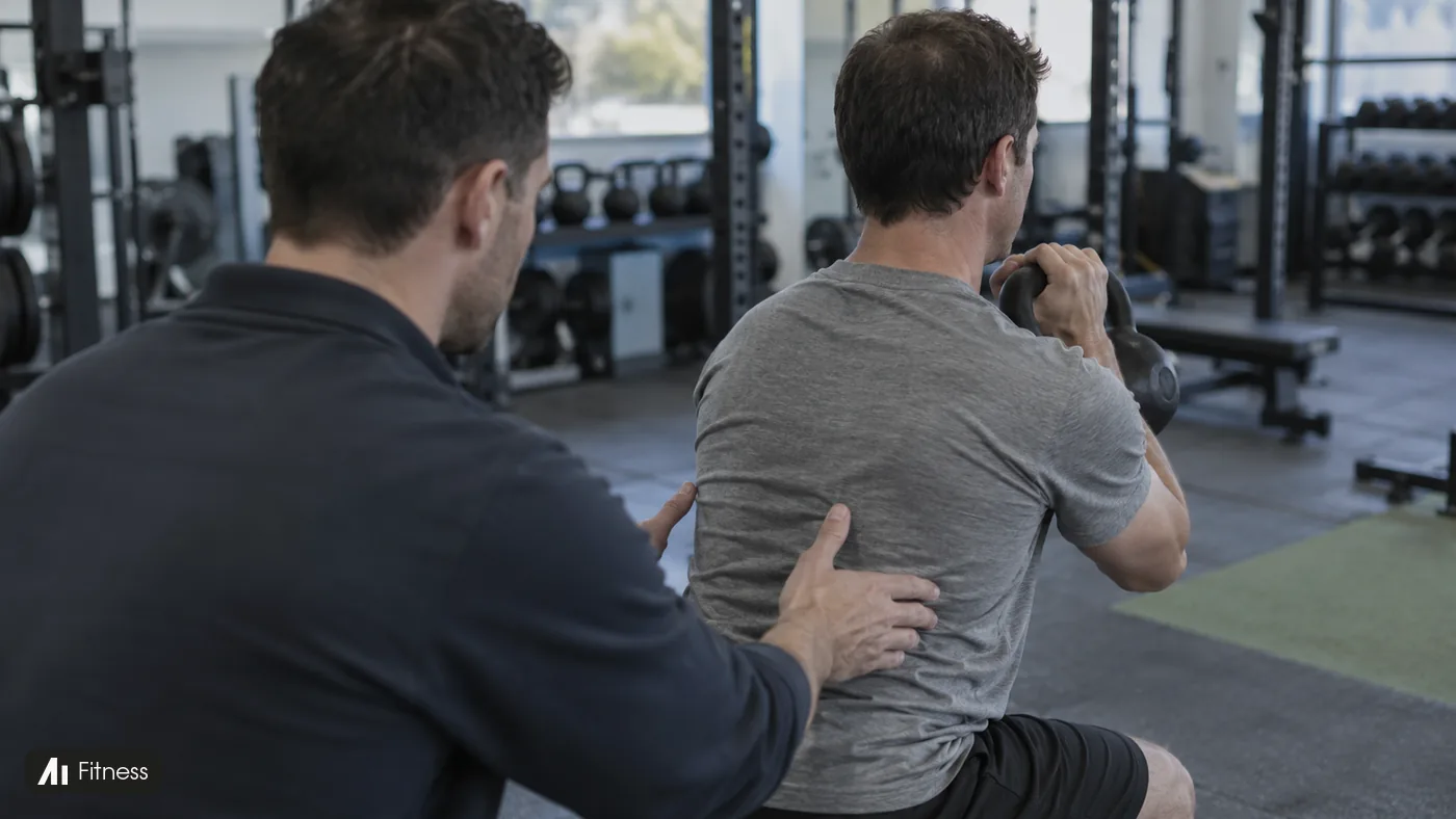 A trainer guides a man holding a black kettlebell in a quiet gym.