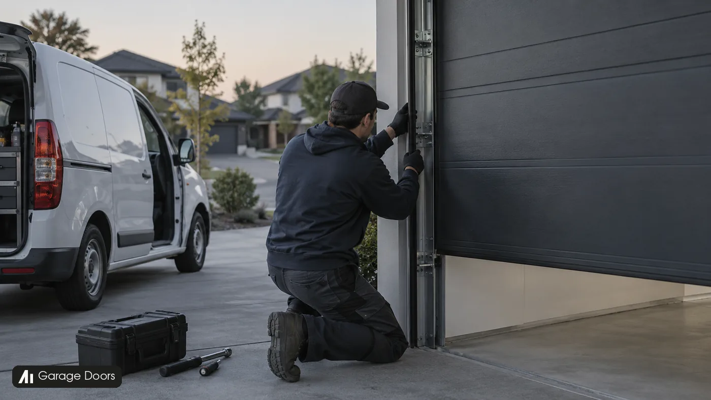 A technician checks the side track of a partially open garage door beside a white service van.