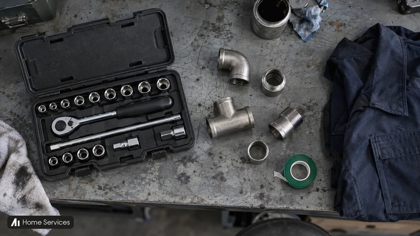 A socket kit, steel pipe fittings, navy work jacket and green tape roll rest on a worn workshop bench.