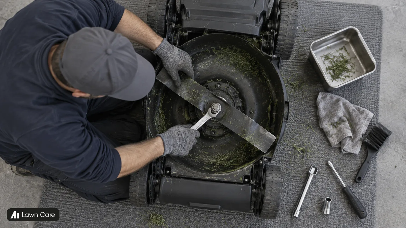 A groundskeeper uses a spanner on the blade of a tipped mower viewed from above.