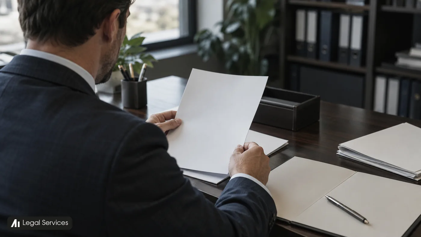 A man reviews plain documents at a dark office desk beside shelves of binders.