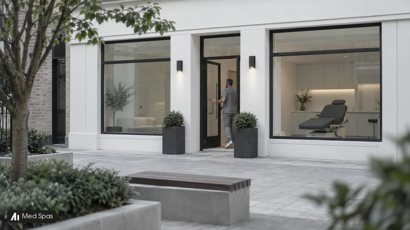 A practitioner opens the door of a quiet med-spa beside a courtyard.