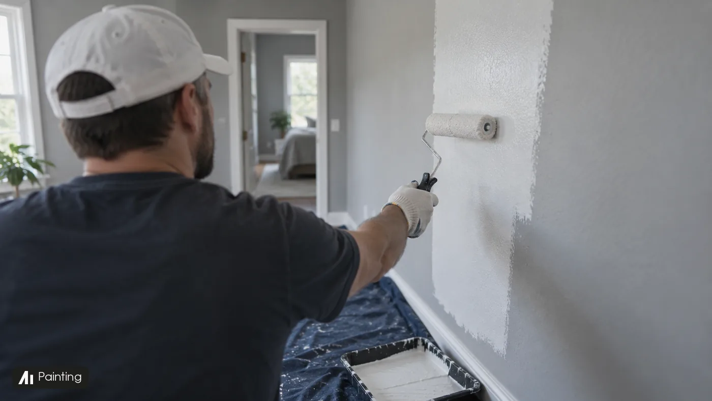 A painter rolls white paint onto an interior wall beside a navy drop cloth and paint tray.