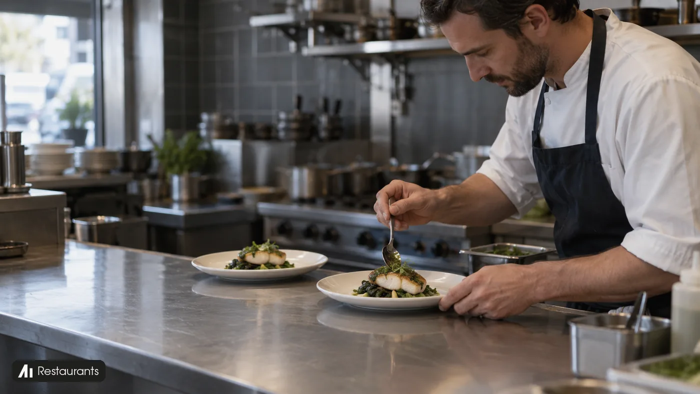 A chef plates food at a stainless kitchen counter with shelves and cooking equipment behind him.